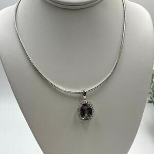 JH Large Mystic Rainbow Topaz Halo‎ Pendant Sterling Omega Chain Necklace